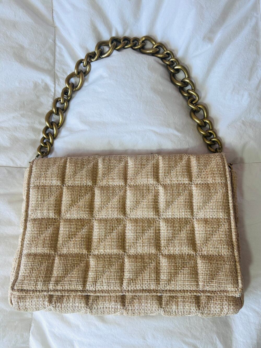 Zara Woven Textured Shoulder Bag Neutral Gold Chain